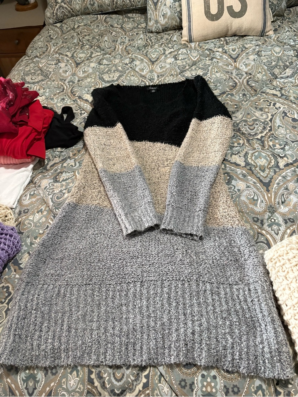 Pink Rose Colorblock Scoop Neck Sweater Dress - Black, Cream & Gray